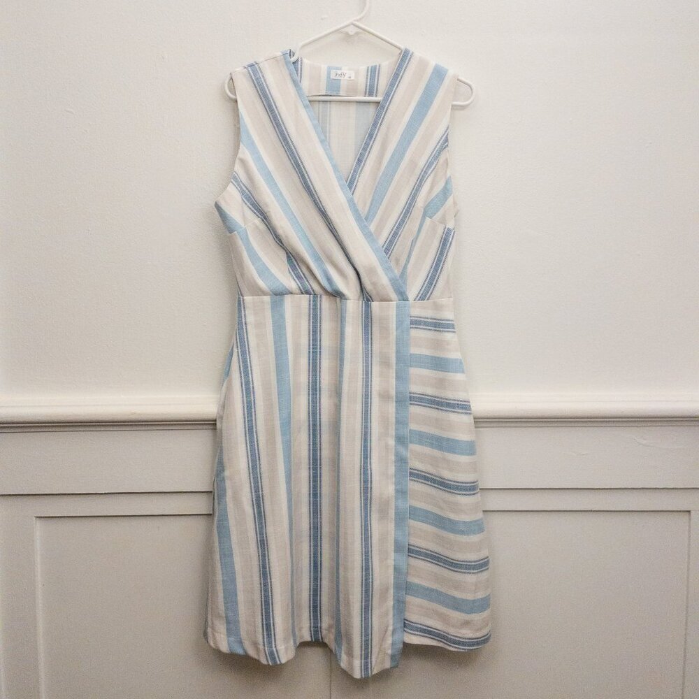 SheFly Blue White Striped Linen Dress Size 40 M Sleeveless Wrap Bodice Summer